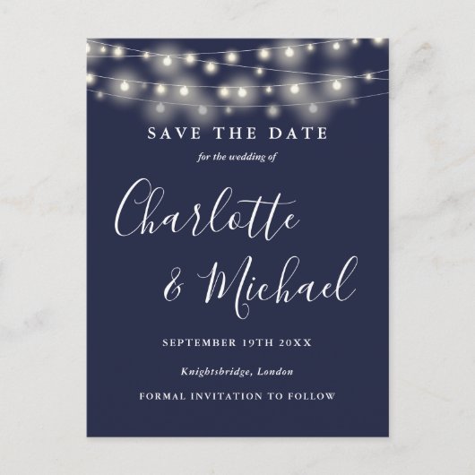 Slingerlichten Navy Blue Trouwdag Save the Date Briefkaart (Voorkant)