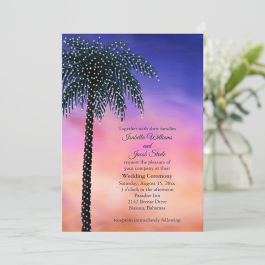 Slingerlichten Palm Zonsondergang Trouwkaart Kaart (Staand voorkant)