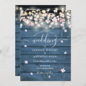 Slingerlichten Rustiek Blauw Hout Bloesem Bruiloft Kaart (Voorkant / Achterkant)