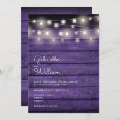 Slingerlichten Rustiek Paarse Houten Bruiloft Kaart (Voorkant / Achterkant)
