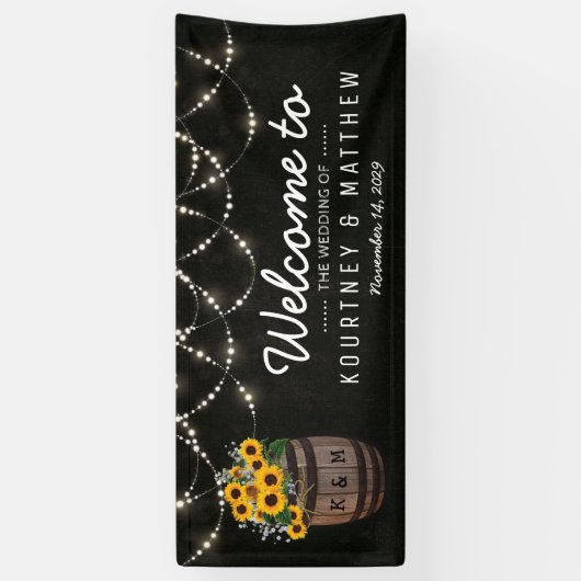 Slingerlichtjes Landelijke Zonnebloem Trouwbanner Spandoek (Verticaal)