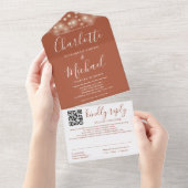 Slingerlichtjes Terracotta Script QR Code Trouwen All In One Uitnodiging (Afscheurbaar)