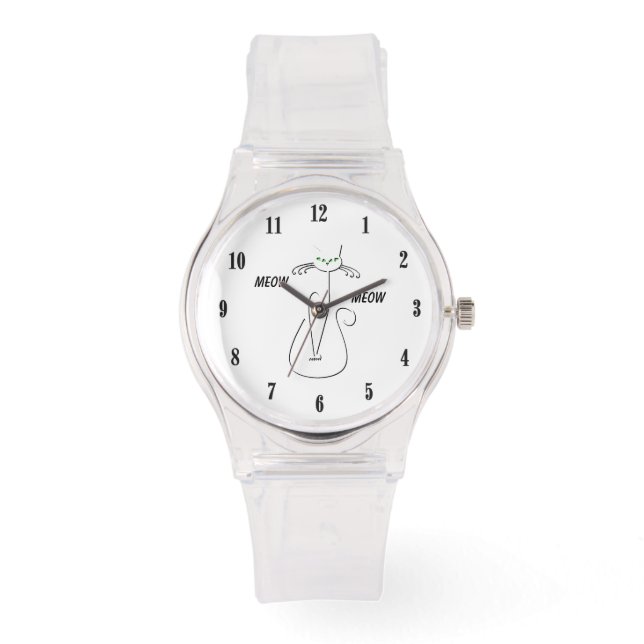 Slinky Black Cat Meow Custom Text Green Eyes Horloge (Voorkant)