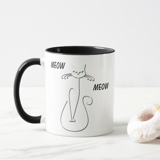 Slinky Black Cat Meow Custom Text Green Eyes Mok (Met donut)