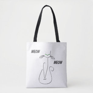 Slinky Black Cat Meow Custom Text Green Eyes Tote Bag
