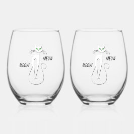 Slinky Black Cat Meow Custom Text Green Eyes Wijnglas Zonder Voet
