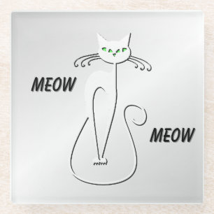 Slinky Black Cat Meow Meow Green Eyes on silver Glazen Onderzetter