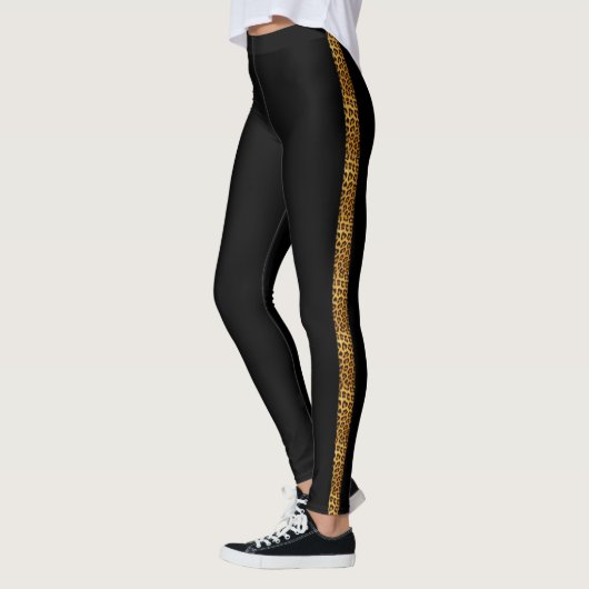 Slinky Leopard Fur Trendy Side Stripe op zwart Leggings (Links)