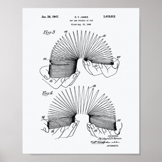 Slinky Speelgoed 1946 Patent Art - Witboek Poster (Voorkant)