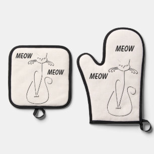 Slinky Zwarte Kat zegt Meow Meow Aangepast Ovenwant & Pannenlap Set