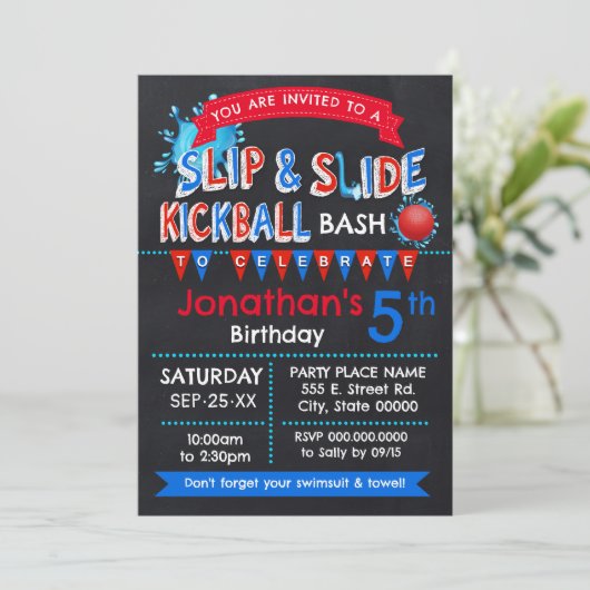 Slip and Slide Kickball Verjaardag Rood Wit Blauw Kaart (Staand voorkant)