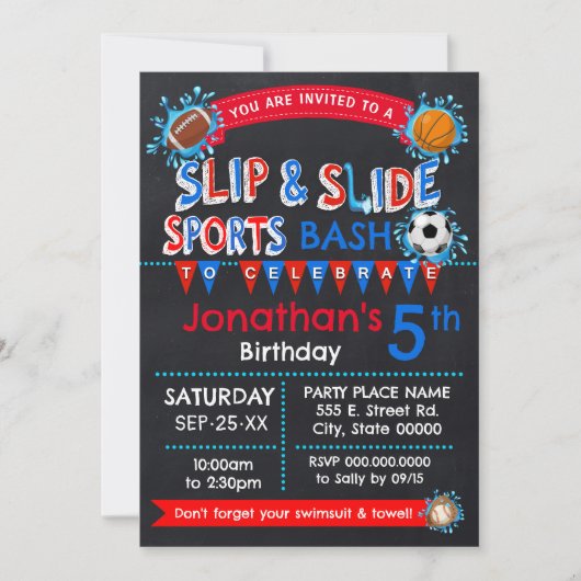 Slip and Slide Sport Verjaardags Bash Rood Wit Bla Kaart (Voorkant)