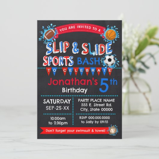 Slip and Slide Sport Verjaardags Bash Rood Wit Bla Kaart (Staand voorkant)