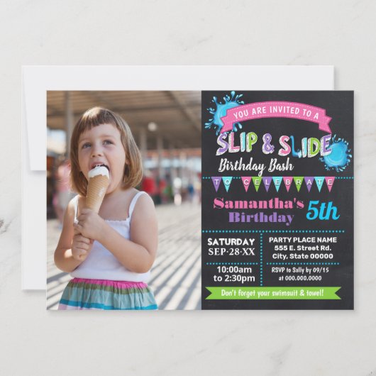 Slip and slide verjaardag bash roze Krijtbord foto Kaart (Voorkant)
