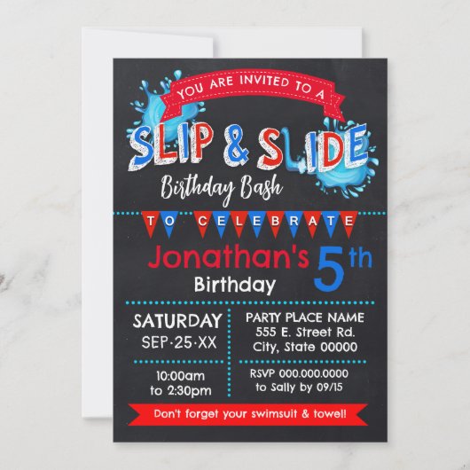 Slip and Slide Zomer Verjaardags Bash Rood Wit Bla Kaart (Voorkant)