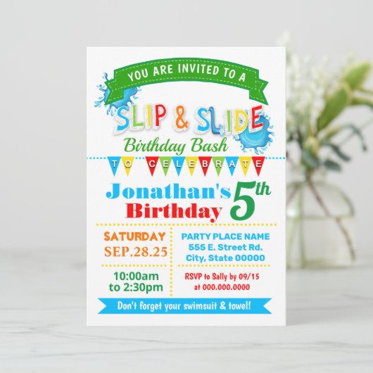 Slip en dia verjaardag bash primaire kleuren parti kaart (Staand voorkant)