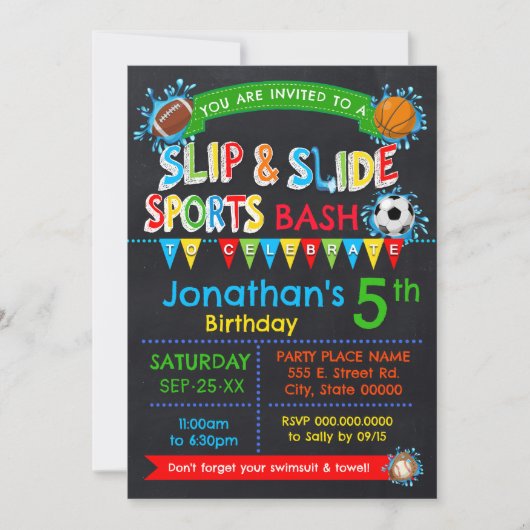 Slip & Slide Sport Verjaardags Bash Primaire Kleur Kaart (Voorkant)