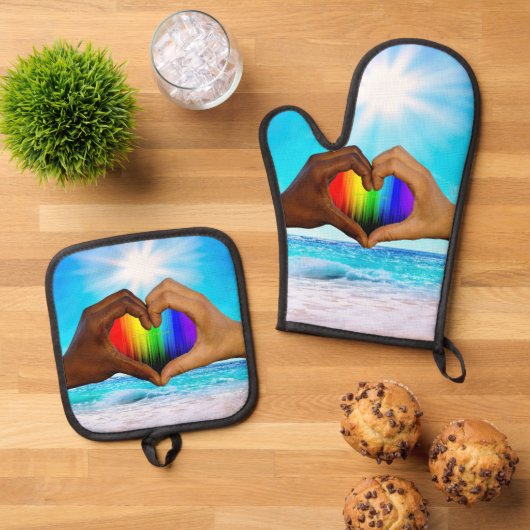 SlipperyJoe levendige regenbooggradiënt hart inter Ovenwant & Pannenlap Set (Top down)