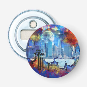 SlipperyJoe NYC graffiti maan omringd door wervele Button Flesopener