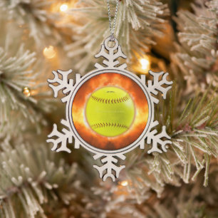 SlipperyJoe's artistieke Softball op vuurcadeaus v Tin Sneeuwvlok Ornament