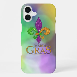 SlipperyJoe's feestelijke Mardi Gras-thema paarse iPhone 16 Plus Hoesje