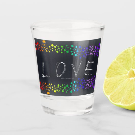 SlipperyJoe's gekrabbelde liefdeswoord regenbooggr Shot Glas (Voorkant)