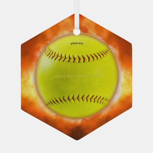 SlipperyJoe's gele softbal vuurbal vlammen rasp Glas Ornament (Achterkant)