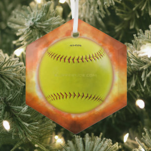 SlipperyJoe's gele softbal vuurbal vlammen rasp Glas Ornament