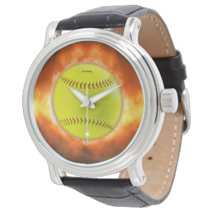 SlipperyJoe's gele softbal vuurbal vlammen rasp Horloge