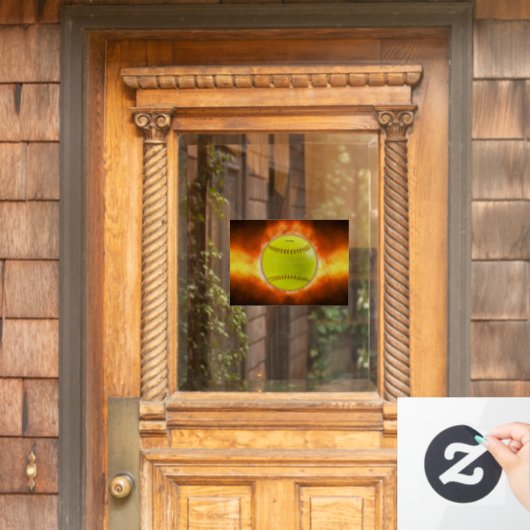 SlipperyJoe's gele softbal vuurbal vlammen rasp Raamsticker (Huis Deur)