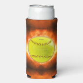 SlipperyJoe's gele softbal vuurbal vlammen rasp Seltzer Blikjeskoeler (Seltzer Voorkant)