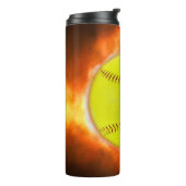 SlipperyJoe's gele softbal vuurbal vlammen rasp Thermosbeker (Gedraaid links)