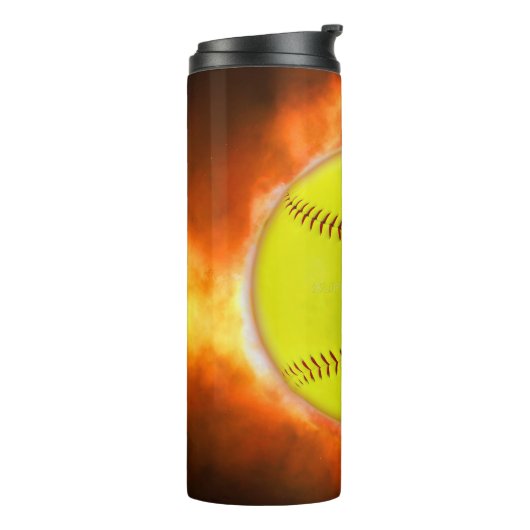 SlipperyJoe's gele softbal vuurbal vlammen rasp Thermosbeker (Gedraaid links)