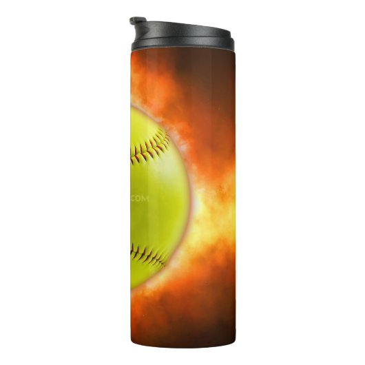 SlipperyJoe's gele softbal vuurbal vlammen rasp Thermosbeker (Geroteerd rechts)