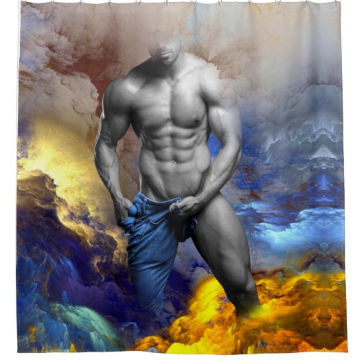 SlipperyJoe's gespierde man lichaamsbouw stomende  Douchegordijn (Voorkant)