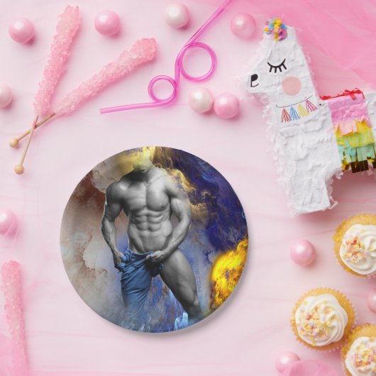 SlipperyJoe's gespierde man lichaamsbouw stomende Papieren Bordje (Feest)