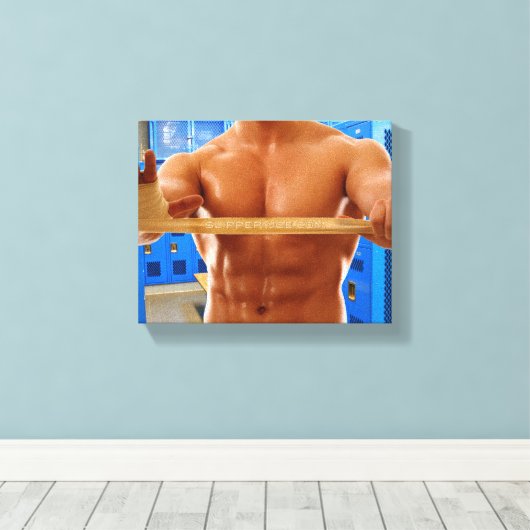 SlipperyJoe's gespierde man shirtloze borst 6-pack Canvas Afdruk (Insitu (Houten vloer))