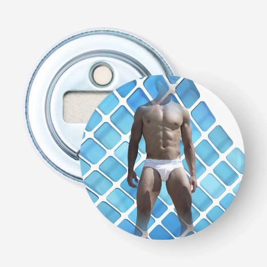 SlipperyJoe's gespierde man six-pack abs witte ond Button Flesopener (Voorkant)