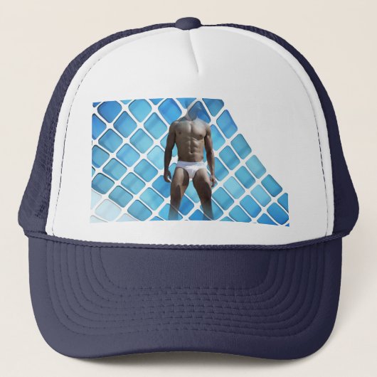 SlipperyJoe's gespierde man six-pack abs witte ond Trucker Pet (Voorkant)