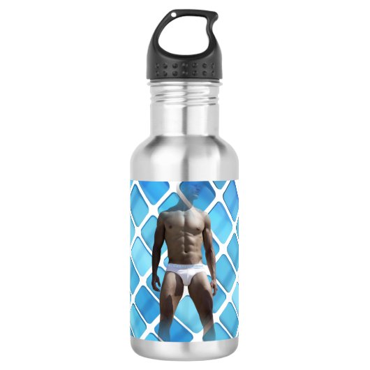 SlipperyJoe's gespierde man six-pack abs witte ond Waterfles (Voorkant)