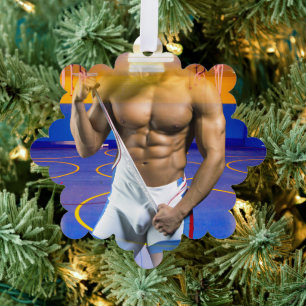 SlipperyJoe's gespierde man uitpuilende six-pack g Ornament Kaart
