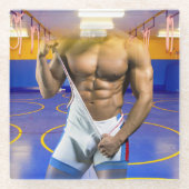 SlipperyJoe's gespierde man uitstulping six-pack s Glazen Onderzetter (Voorkant)