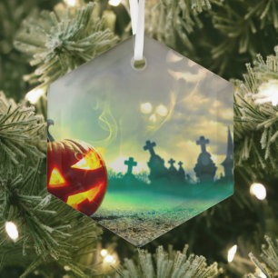 SlipperyJoe's gloeiende jack‑o'-lantern Halloween Glas Ornament