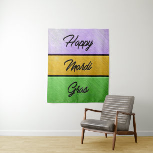 SlipperyJoe's Happy Mardi Gras paarse gouden groen Wandkleed