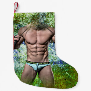 SlipperyJoe's hoog gespierde volwassen man zonder  Kleine Kerstsok