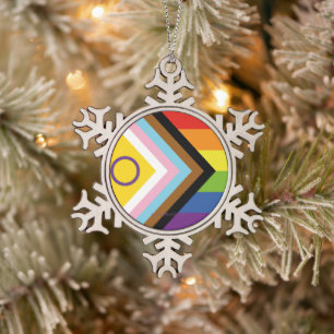 SlipperyJoe's Intersekse trotsvlag gele achtergron Tin Sneeuwvlok Ornament