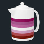 SlipperyJoe's lesbische trots vlag vrouwelijke gem Theepot<br><div class="desc">SlipperyJoe's lesbische trots vlag vrouwelijke gemeenschappen identiteiten Lipstick magenta wit roze rode tinten vrouwen artistieke symmetrie balans gay geschenken LGBTQIA zeven horizontale strepen verschillende kleuren</div>