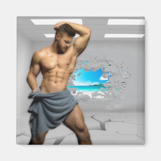 SlipperyJoe's Man in een handdoek witte kamerspier Magneet (Voorkant)