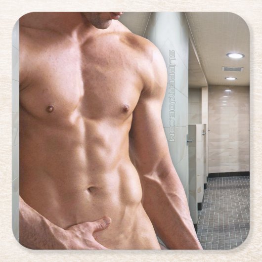 SlipperyJoe's Man sms'je, sexy muskietenkleedkamer Kartonnen Onderzetters (Voorkant)