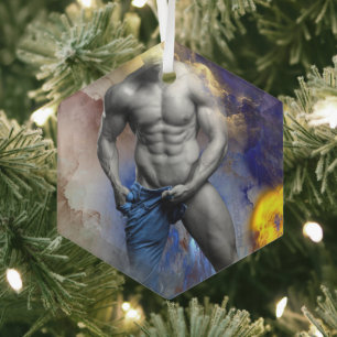SlipperyJoe's Man stomende shirtloze abs sixpack z Glas Ornament